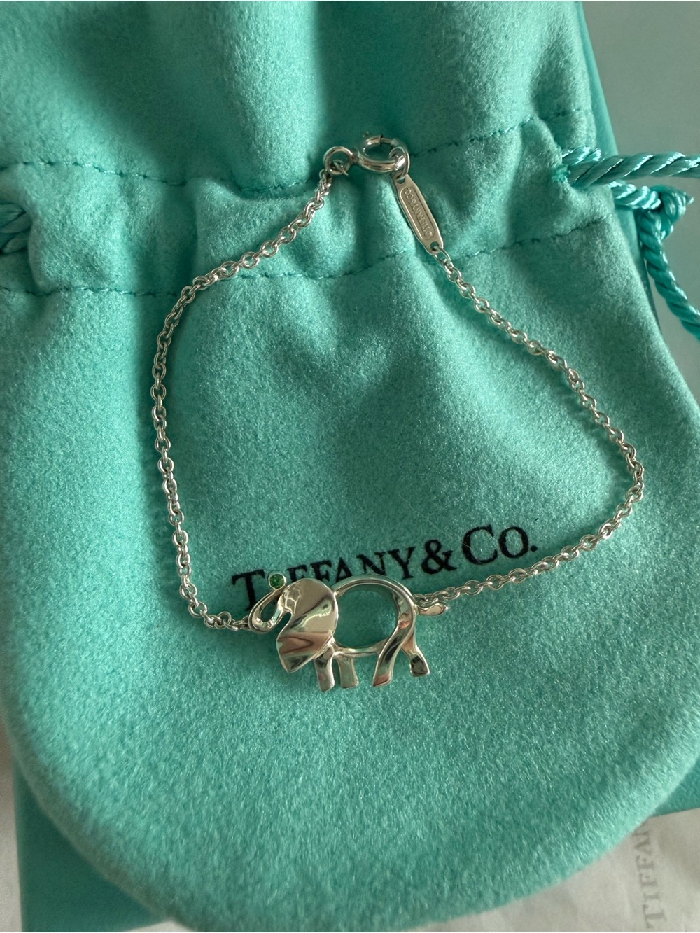 Tiffany & Co. Silver Save the Wild Elephant Charm Bracelet with Green Tsavorite
